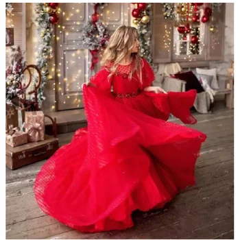 Елегантна червена рокля с къси, буйни, с дълъг ръкав за момичета в едно цвете, дължина до пода, тюлевые принцесата рокли на точки, лъскави рокли за причастие с пайети