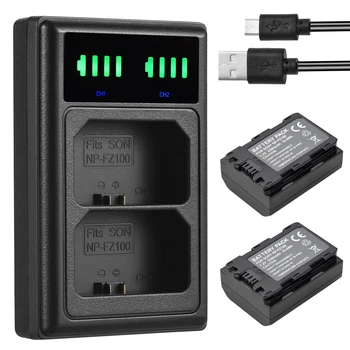 Зарядно устройство за NP-FZ100 с led индикатори + 2 бр. Батерии с USB-кабел за зареждане на Sony A9/A7R III/A7 III/A6600