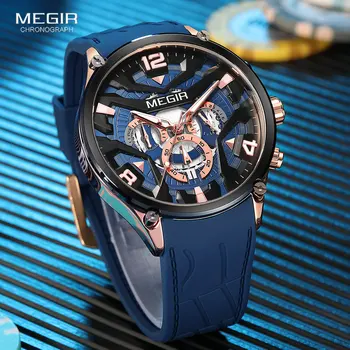MEGIR Военни спортни кварцови часовници мъжки тъмно син силиконов каишка Водоустойчив ръчен часовник с хронограф и светещи стрелки Дата 2222