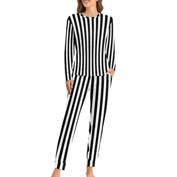 Пижама в черно-бяла лента с принтом вертикални линии, модерен домашен костюм, есен, 2 броя, всеки ден пижамные комплекти за голям размер