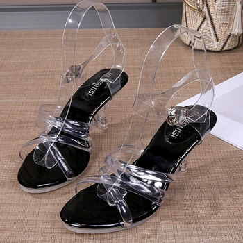 Дамски сандали на висок ток в приказен стил, ежедневни покупки, прозрачни сандали на среден ток с катарама във формата на думи с големи размери