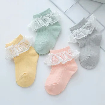 Модни чорапи с волани за новородени бебета и момичетата от 0 до 2 години, бебешки дантелени чорапи, памучни чорапогащи с волани и завързана интериор
