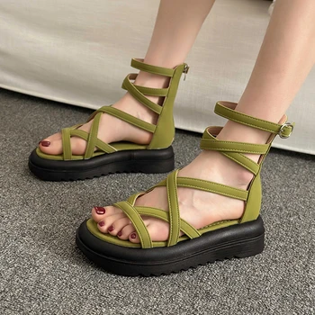 2023 Летни нови римски сандали, модерни дамски обувки на дебела подметка с отворени пръсти, с цип, на танкетке, нескользящие кухи черни сандали Фея Wind