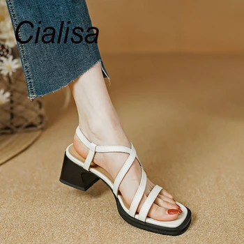 Cialisa/ Лаконичен Сандали; Дамски обувки от естествена кожа; Лятна Рокля с отворени Пръсти; Дамски Обувки на висок Ток с каишка и Катарама на Ръчно изработени; Цвят Черен