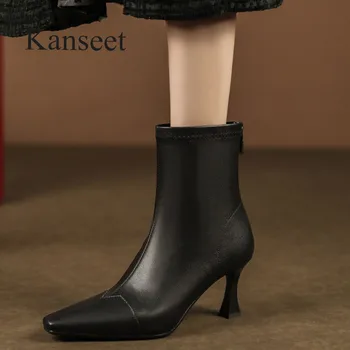 Kanseet/ къси ботуши с квадратни пръсти; новост; сезон есен-зима 2022; обувки от овча кожа с цип; женски ботильоны на тънък висок ток 7 cm; черен размер 40