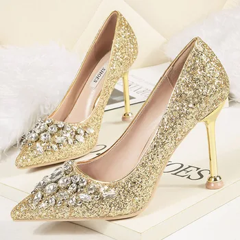 Женски фетиш на висок ток 9,5 см, сватбени обувки-лодка с кристален блясък, украсена с кристали, дамски шипове, фетиш-лъскави обувки