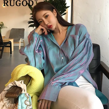 RUGOD, корейската елегантна елегантна риза с наклон, дамски модни блузи с отложным яка и дълъг ръкав, дамски блузи 2019, кимона в стил харадзюку