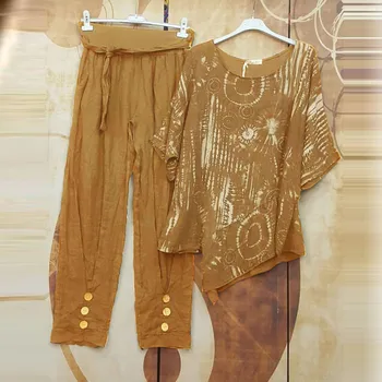 Летни дамски комплекти с ленена блузкой и панталони, костюм от 2 теми, всекидневни свободен спортен костюм, реколта блуза Оверсайз, ленени панталони, подходящи комплекти