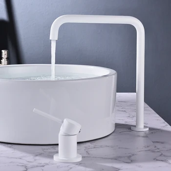Бял смесител за мивка, дългата тръба в банята, две дупки, широко разпространен смесител за баня, батерия за мивка, въртящ се на 360 градуса, кран за мивка в банята,