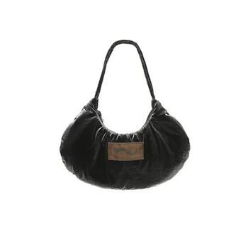 Черна чанта с пълнеж от нейлонового влакна в тъмно стил, модерна чанта през рамо, чанта, портфейл, дамска чанта, мека чанта за момичета с цип, уличен стил