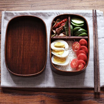 Един слой дървен обяд-бокс, японска кутия за bento, преносим контейнер за храна за пикник за ученици, кръгла, квадратна Кутия за съхранение на съдове