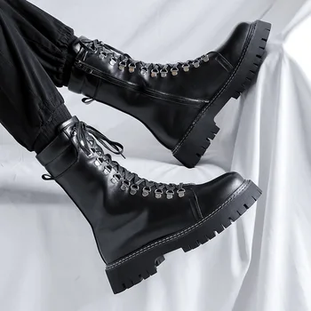 мъжки луксозни модни обувки от естествена кожа на платформа с шнур, черни модерен дългите мотоциклетни ботуши за партита и нощен клуб, високи ботове