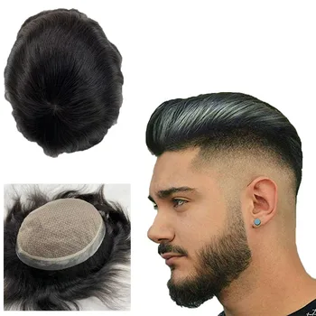 Силки директен 1б # Черен цвят, замяна на бразилски естествена коса 8x10, пълна с коприна перука за мъже
