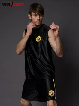 Мъжки форма за кикбоксинга, черен спортен костюм за практикуване на бойни изкуства ушу, риза без ръкави, къси Панталони, Комплект от две части, спортни костюми
