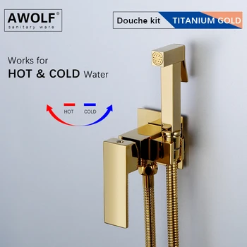 Awolf 6 Цвята Ръчен набор от такива за Тоалетна с биде Титан Злато масивна Месинг Топла и студена-Вградени квадратен хигиенни Душ AP2242