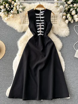 Вечерна рокля с лък, дамски елегантен дизайн, летен джоб с кръгло деколте, френски стил, тънки дамски рокли трапецовидна форма
