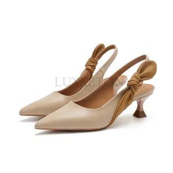 Дамски луксозни сандали с остри пръсти на среден ток в корейски стил, лятна тенденция дишаща удобни кожени обувки