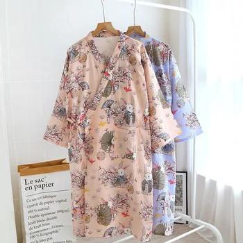 2023 Пролет лято Женски японското кимоно Висококачествена хавлия за сън от 100% памук Дамски елегантен свободна нощница с цветя принтом