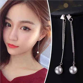 SHIFEEL 2018, нови корейски модни триъгълни перлени обеци с пискюли, темпераментни женски прости дълги висулки за жени, бижута