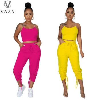 VAZN 2021, висококачествен комплект за спагети презрамки в Европа и Америка, обикновена дълги панталони-молив Young Joker, тънък женски комплект от 2 теми