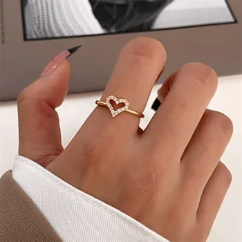 Елегантна пръстен с кухи сърце за жени, прости луксозни пръстени във формата на сърца, инкрустирани с цирконием, регулируеми пръстени, бижута и аксесоари за партита, подарък