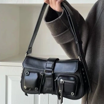 Чанта за подмишниците в стил готик пънк за най-горещите момичета, дамски чанти на рамо, изкуствена кожа, модерен дизайн, дамска чанта с множество джобове, в чантата