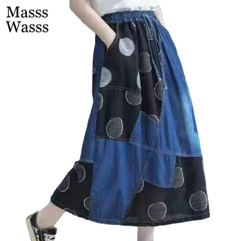 Masss Wasss Корейски дизайн, Мода 2022, пролетни дамски реколта луксозни дънкови Поли, дамски еластична ежедневни широки дрехи в стил мозайка