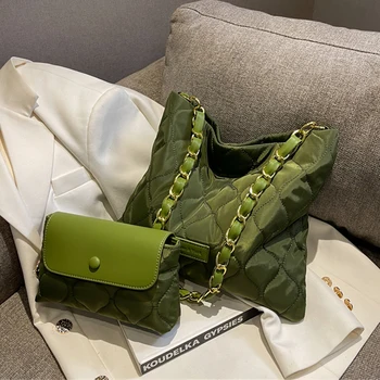 Луксозни 2 комплекта мека чанта на рамото за жени, дизайнерски ватирани чанти-тоут от плат, модерна чанта през рамо с веригата, чанти и портмонета