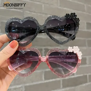 Нови прозрачни блестящи детски слънчеви очила Love Heart за момичета и момчета, слънчеви очила с хубаво цвете, модни детски очила, детски класически очила