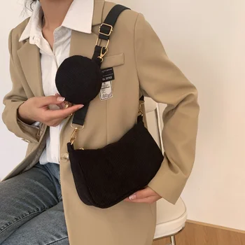 Мода 2023, реколта дамска чанта, однотонная вельветовая дамска чанта-месинджър, ежедневни чанти през рамо с цип, дамски портфейл, дамска чанта