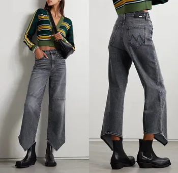 Дамски стрейчевые дънкови панталони с висока талия 2023, нови модни всеки ден прави дънки с остър подолом