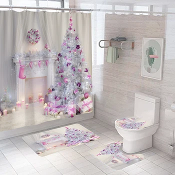 Бяла Коледна елха, завеса за баня, Камина тъкани, Завеси за душ, нескользящий подложка за баня, калъф за седалката на тоалетната чиния, празничен декор