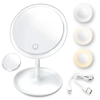 Огледало за грим с USB зареждане, 3-цветен лампа и лупа, десктоп въртящо се огледало за баня с декор затъмняване