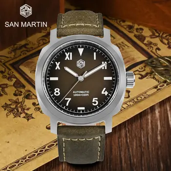 Мъжки часовник San Martin 40 мм YN55 Реколта Прости класически автоматични механични ръчни Часовници Sapphire 10Bar BGW9 С светящимся кожена каишка