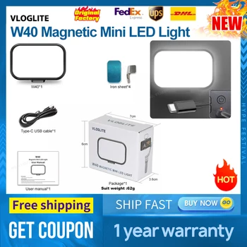 VLOGLITE W40 Магнитни Мини led лампа, за 2500 К-7500 K, Подходящи за Двоен стабилизатор на цветовата температура, Вградена литиева батерия 500 mah