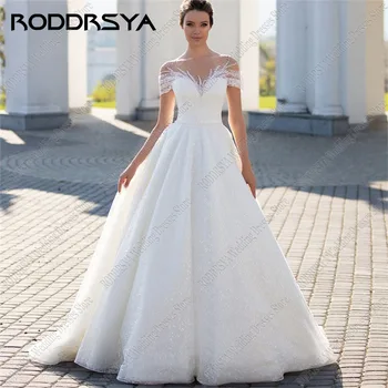 RODDRSYA/ Романтична сватбена рокля с влак и аппликацией от тюл, елегантна сватбена рокля с кръгло деколте и пайети, секси рокля на булката копчета отзад