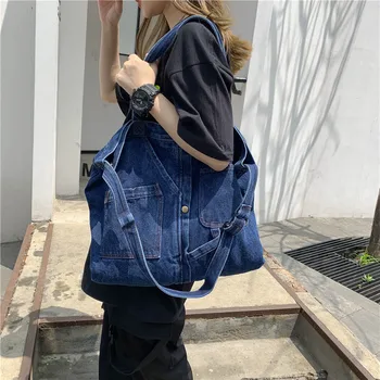 Ретро Преносима пазарска чанта с голям капацитет дънкови и Ежедневни чанта в академик Harajuku Стил Холщовая чанта през рамо Crossbody Big Bag