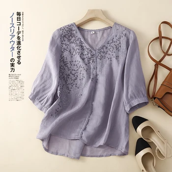 Модни Бродирани върхове с Рами, дамски Свободна тънка риза от памук и лен в ретро стил, блуза, Лято 2023
