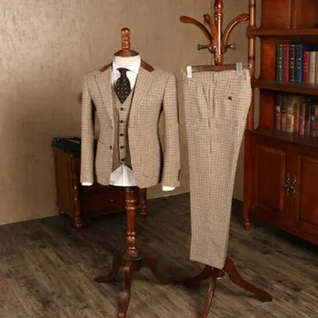 2023 Кафяви класически мъжки панталони от твида в клетка, оборудвана сватбен смокинг на младоженеца, мъжки официален бизнес костюм, само за панталони