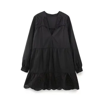 Висококачествено дамско чисто черна рокля с дълъг ръкав и V-образно деколте, уважаеми вечерна рокля за момичета