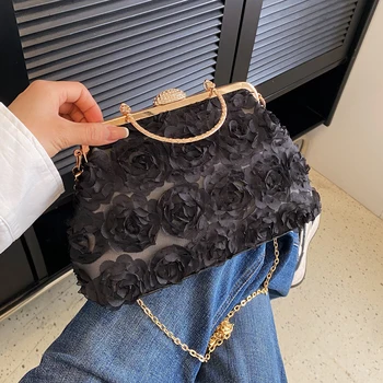 Дамска чанта с голяма част от роза, дамска чанта на рамото за бала, Лейси женствена чанта през рамо с цветя модел, Елегантна чанта-клатч, женствена чанта
