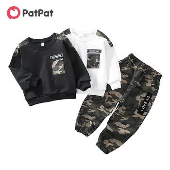 PatPat, ново записване, пролет и есен, комплект от 2 теми за малки момчета, камуфляжный пуловер с писмото принтом и ежедневни зреещи
