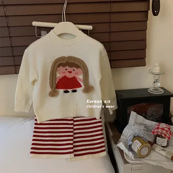 Комплекти Пуловери за Малки Момичета, Сладък Пуловер с Анимационни Модел, Топли Възли Върховете + Контрастиращи Червени Панталони на Райета, 2 броя, Детски Зимни Дрехи
