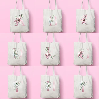 Розови дамски Чанти през Рамо с Азбука, Чанта през Рамо за Жени, Сгъваема Холщовая пазарска Чанта, Еко Ежедневни Сгъваема Чанта за Пазаруване