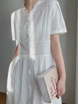 Lamprip Уникално лятото на 2022 г., на френски стил, велпапе яка, Къс ръкав, Бяла отворено елегантна рокля, памук корейски луксозен халат за баня