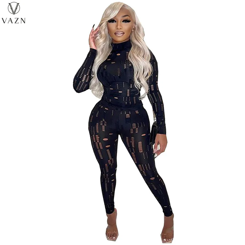VAZN 2022 Гореща разпродажба, жена на улицата случайни топ с дълъг ръкав и кръгло деколте, еластични, дълги панталони, обикновена комплекти от две части5