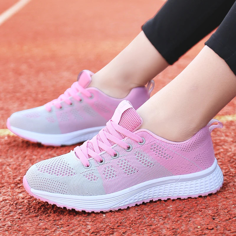 Дамски ежедневни обувки, модни дишаща пешеходната обувки на плоска подметка с шнур, женски маратонки 2019, тенис feminino, розов, черен, бял1