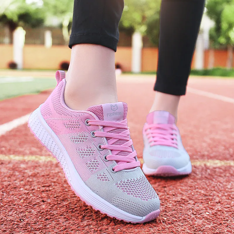 Дамски ежедневни обувки, модни дишаща пешеходната обувки на плоска подметка с шнур, женски маратонки 2019, тенис feminino, розов, черен, бял2