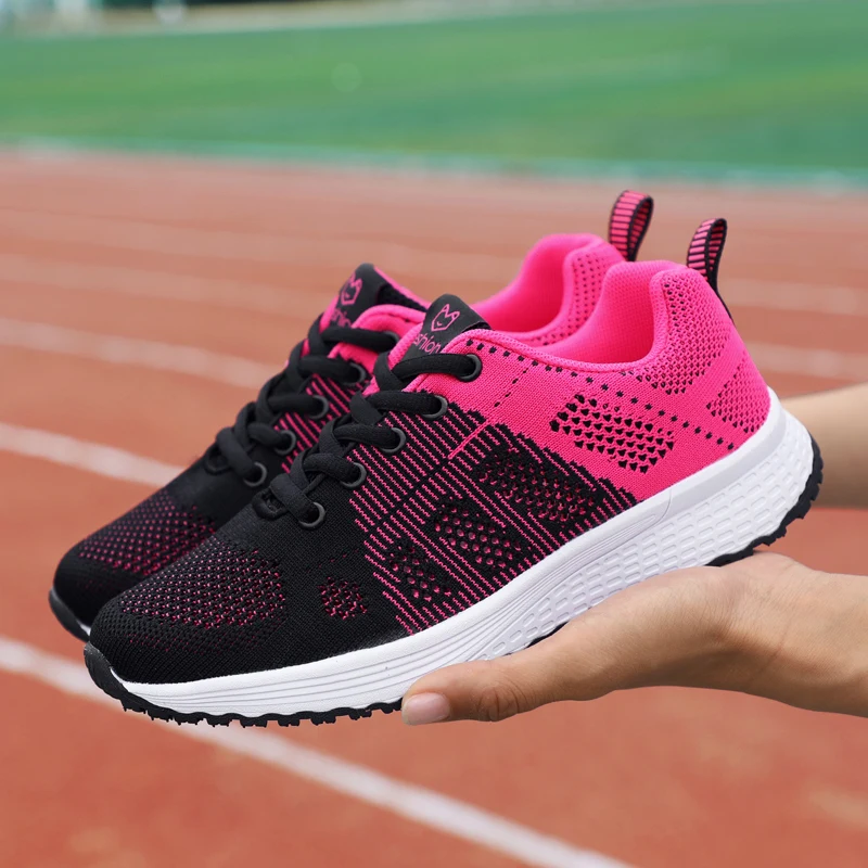 Дамски ежедневни обувки, модни дишаща пешеходната обувки на плоска подметка с шнур, женски маратонки 2019, тенис feminino, розов, черен, бял3