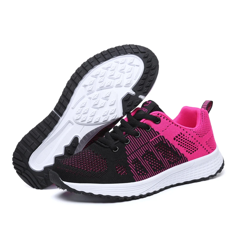 Дамски ежедневни обувки, модни дишаща пешеходната обувки на плоска подметка с шнур, женски маратонки 2019, тенис feminino, розов, черен, бял5